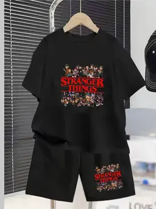 Stranger Things Character Collection - Printed Children's Set, Summer New Style Unisex Boys' And Girls' Short-Sleeved T-Shirts + Shorts 2-Piece Set, Comfortable, Casual, Fashionable And Versatile For Daily Use, Ideal Gift Choice