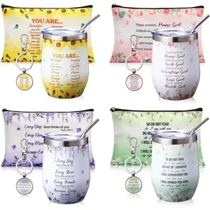 4 Set Christian  Set for Women Men 12 oz  Verse Tumbler Cup Religious Makeup Bag  Graduation  for Pastor Coworker Sunday School  Study Church(Light,Flower)