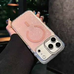 Luxury Bling Glitter Glitter Magnetic Case For iPhone 17 Pro Max 16Pro 15 14 Pro Max MagSafe Compatible Sparkly Bling Cover with Diamond Rhinestone Camera Lens Protector, Cute Shockproof Clear Bumper Phone Case for Women Girls