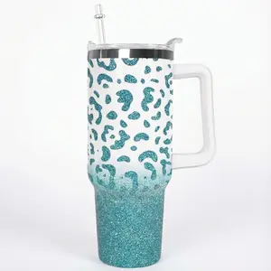 Mint Green Leopard Print 40oz Insulated Tumbler with Handle & Straw Lid, Stainless Steel Double Wall Vacuum Travel Cup