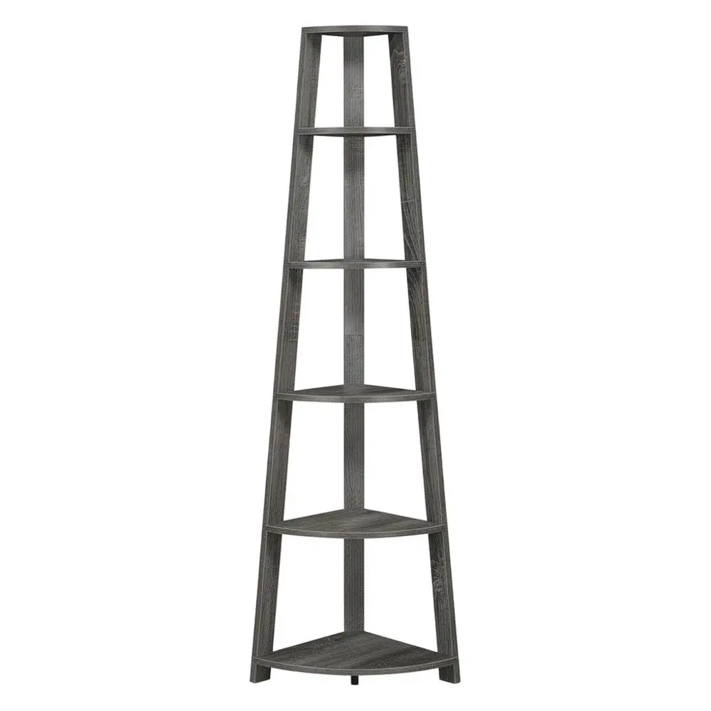 Weathered Gray 5-Tier Corner Bookshelf with Contemporary Design