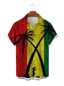 Men's Reggae Style Colorblock Coconut Tree Shirt, Jamaica Print Loose Short Sleeve Casual Summer Beach Wear