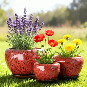 3-pcs Light-Gloss Red Peacock Glaze Ceramic Planter Set Vibrant Scarlet Home Decor Pots for Outdoor & Indoor Plants indoor outdoor planter