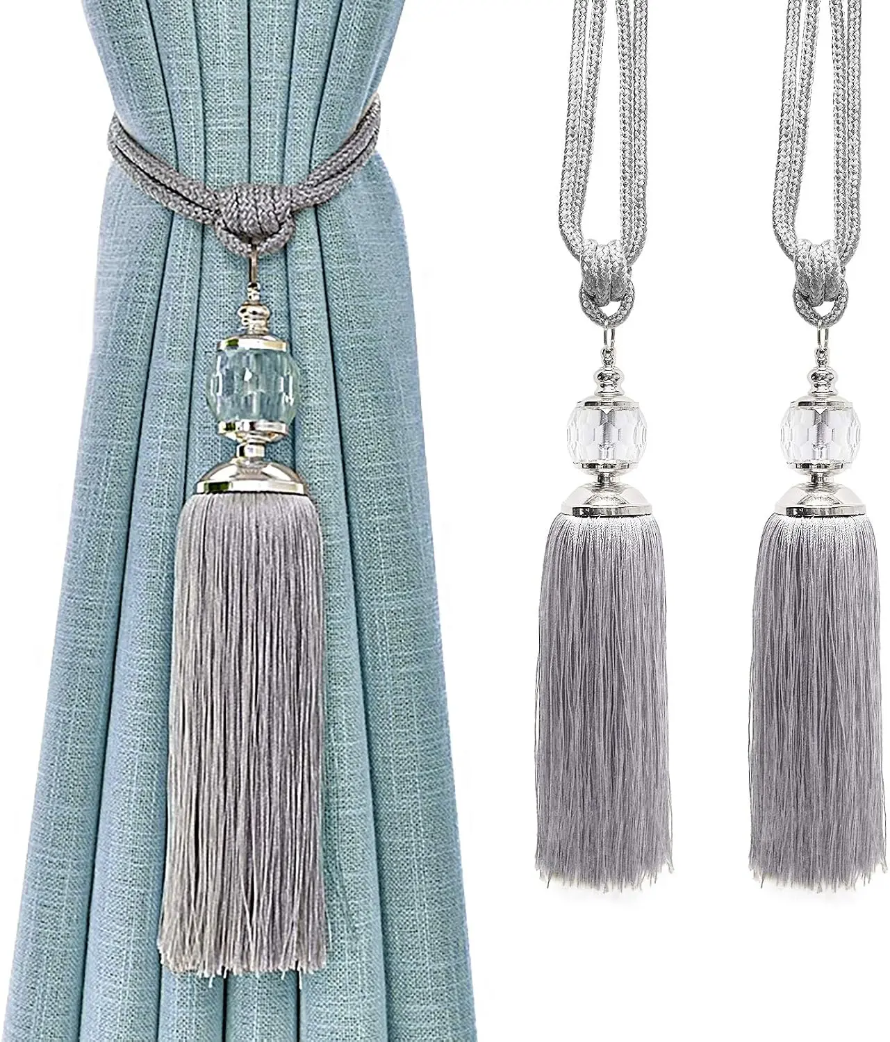 Curtain Tiebacks Rope Tassel TieBacks Curtain Holdbacks Drapes Decorative Drapery Crystal Holdback Tie Backs Handmade Curtain Holder 2 Pack