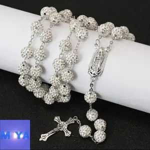 Silver Rosary necklace,Rhinestone rosary,vintage,VibrantRosary Cross Pendant Necklace,Christian ReligiousSymbol,Perfect Easter Holiday Gift