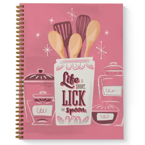 Softcover Lick The Spoon 8.5" x 11" Recipe Spiral Notebook, 120 Recipe Pages, Gloss Laminated Cover, Gold Wire-o Spiral. Made in the USA