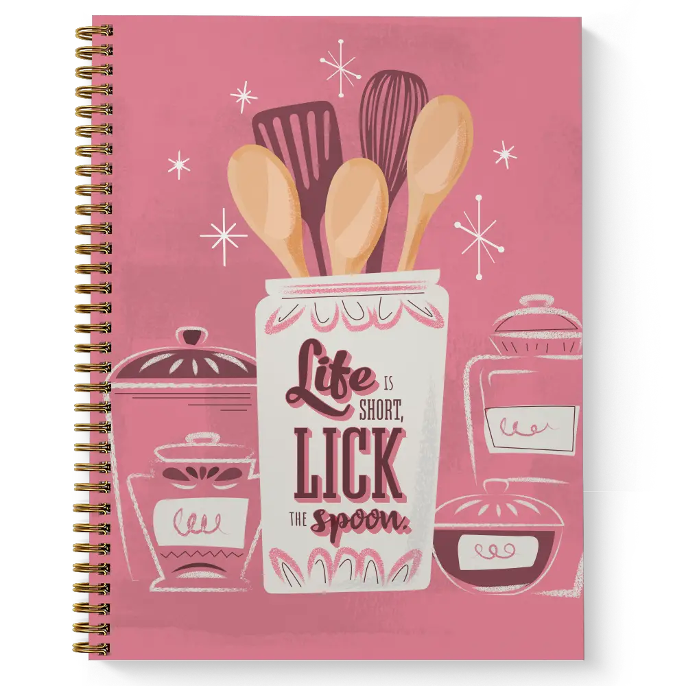 Softcover Lick The Spoon 8.5" x 11" Recipe Spiral Notebook, 120 Recipe Pages, Gloss Laminated Cover, Gold Wire-o Spiral. Made in the USA
