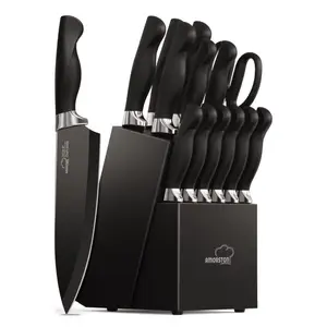 Knife Set, Amorston 15 Pieces  Sets for Kitchen with Block, Dishwasher Safe Set with Built in Sharpener Block, German Stainless Steel Block Set, Black
