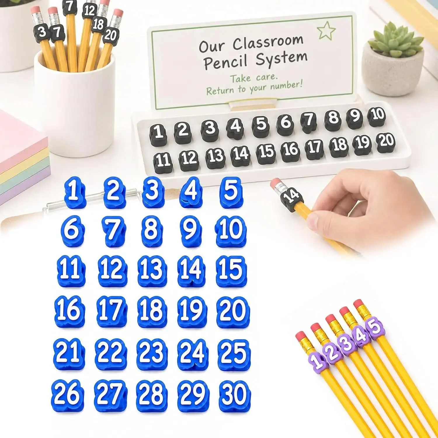 Numbered Pencil Toppers, 30 PCS Reusable Classroom Pencil Labels, Number Pencil Toppers for Classroom Organization and Supply Tracking Station (Number 1-30)
