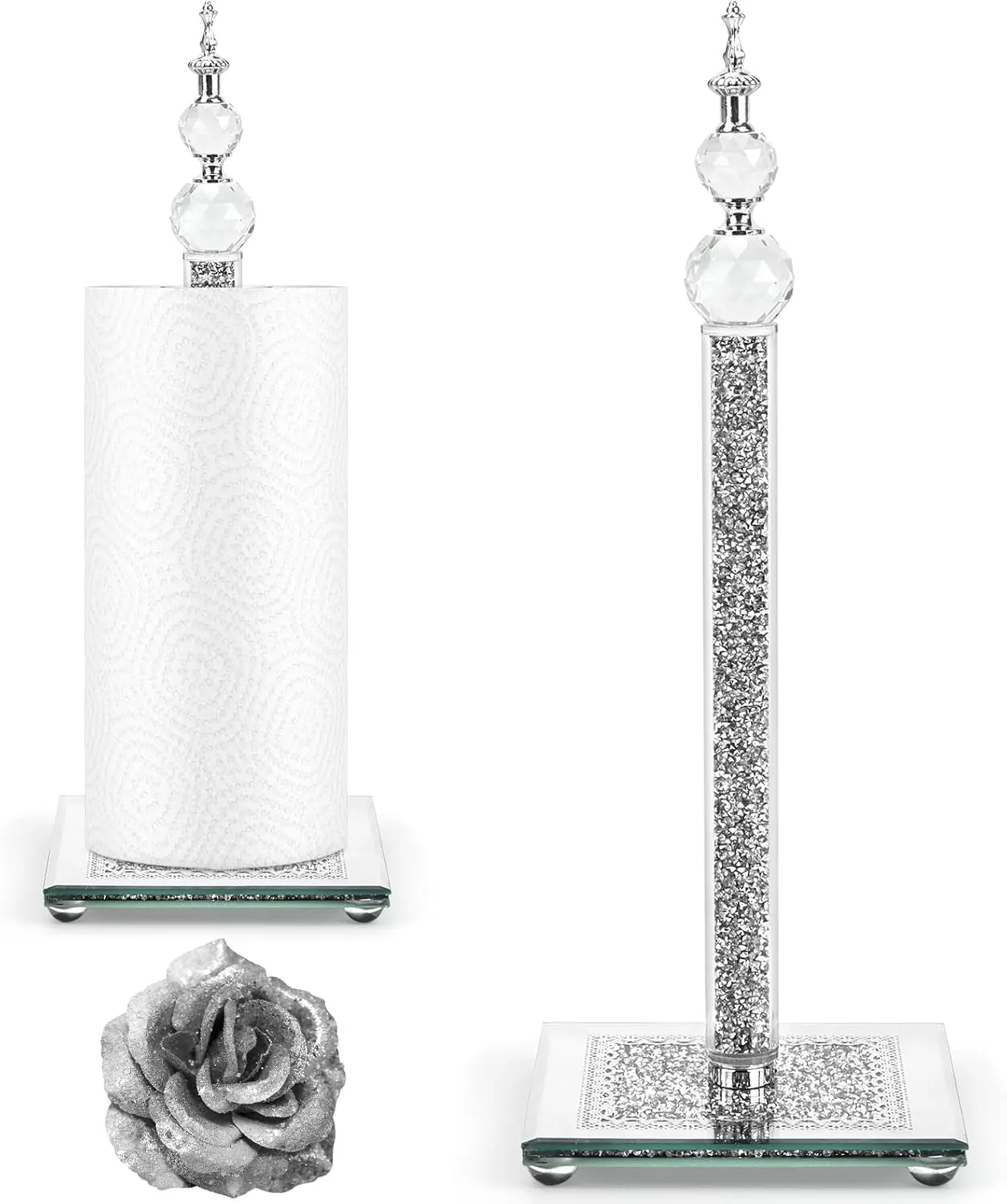 Metallic Modern Metal & Crystal Towel Roll Dispenser - Crystal-Accent Design, Diamond-Inspired Details, Neutral Finish, Compact Storage for Kitchen, Bath