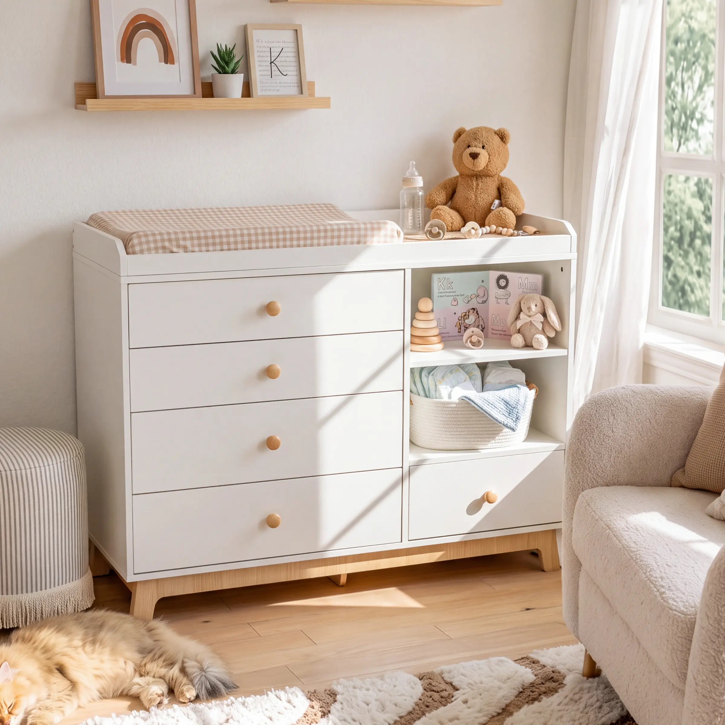 BERRY NEST Baby Changing Table - Nursery Particle Board Cabinet with 5 Drawers, Storage Shelf, Removable Guard, Rectangular Waterproof Pad for Modern Home Decor Organization