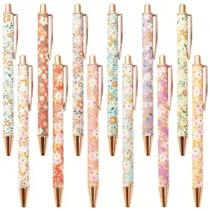 6pcs Metal Flower Ballpoint Pens, Fancy Pretty Retro Floral Design, Cute Retractable Ink Pens, Ideal Gift for Girls & School Use