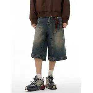 Men's Oversized Retro Baggy Panelled Denim Jorts, Vintage Wash Wide Leg Street Style Menswear, Summer Heavyweight Over-the-Knee Cotton Shorts, Socks-Compatible Bottoms