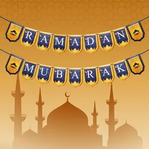 Ramadan Mubarak Banner, Ramadan Banner, Muslim Islamic Gift for Ramadan and EID Celebration, Festival Hanging Decorations for Home, Mantle, Fireplace, Wall, Party Supplies (Gold and Blue)