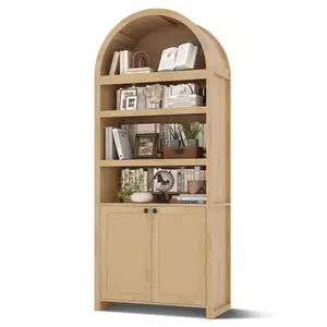81 Inches Tall Arched 6-Tier Bookcase with Door Oak