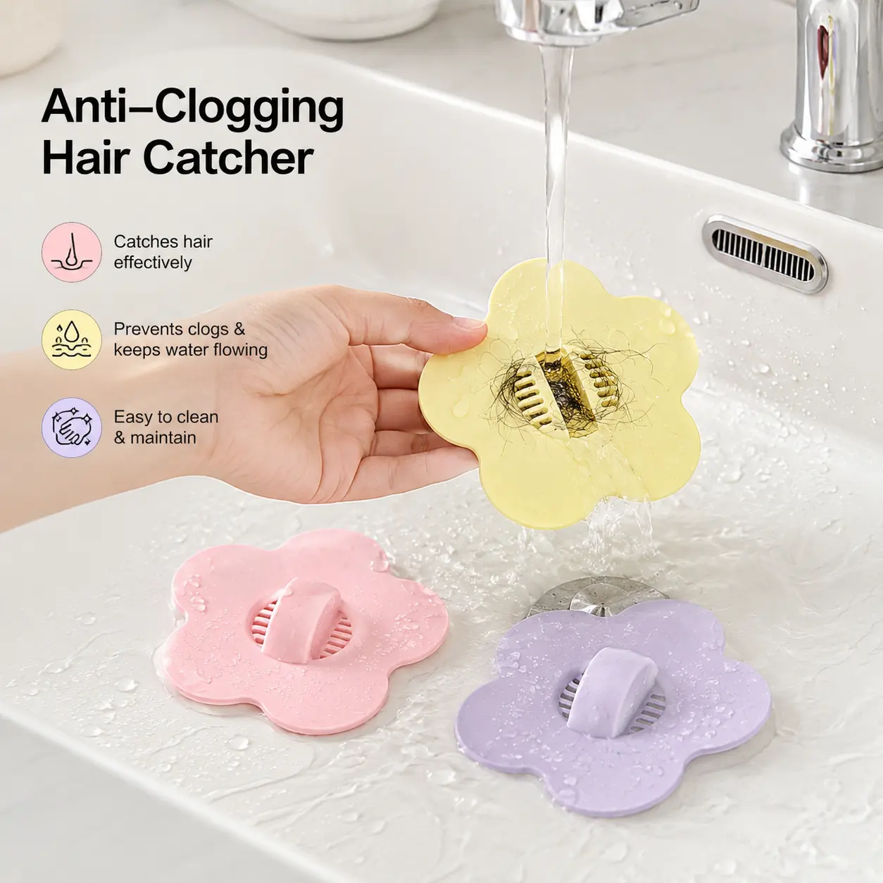 1 Count, Silicone Flower Sink Strainer Stopper, Clog Resistant Hair Catcher for Bathroom Laundry Kitchen Sink Drains