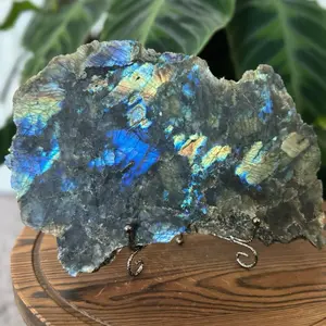 Labradorite Slab on Stand - Natural Blue & Gold Iridescent Gemstone Display Piece for Home Decor