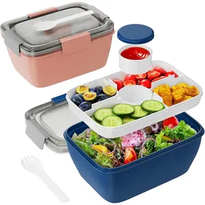 Large Salad Container for Lunch, 2 Packs 68oz Salad Bowls with 5 Compartments, Salad Dressings Container for Salad Toppings, Snacks, Men, Women (+Blue)