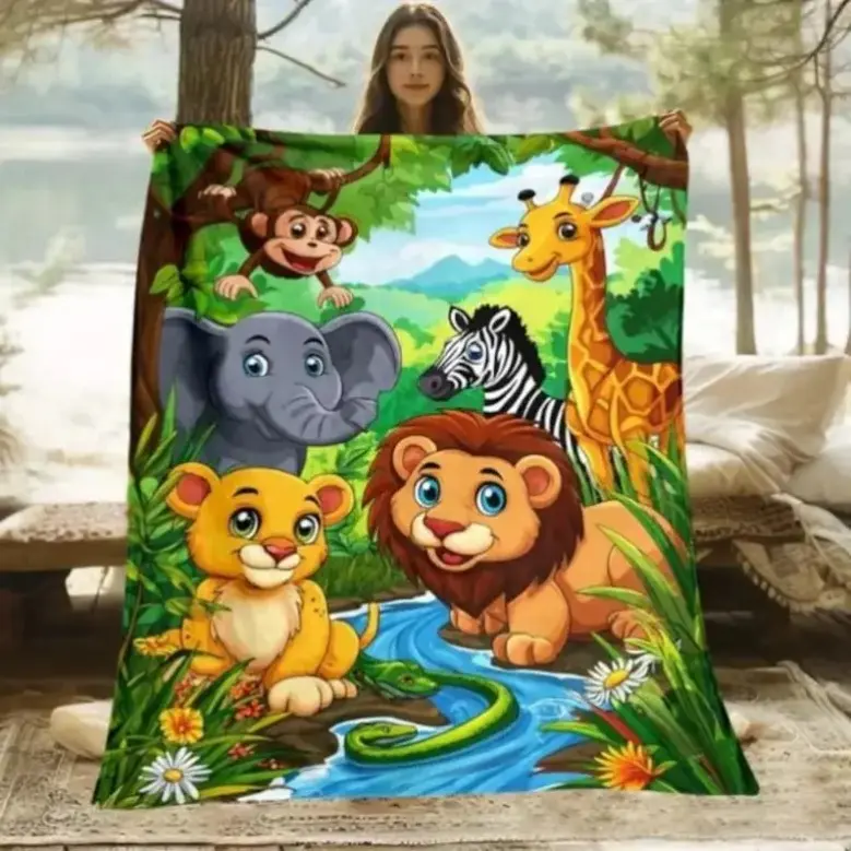 Jungle Animals Personalized Name Throw Blanket - Safari Lion, Giraffe, Elephant, Monkey Design - Cute Nature Blanket Gift for Toddlers, Babies & Animal Lovers (Christmas Gift Option)