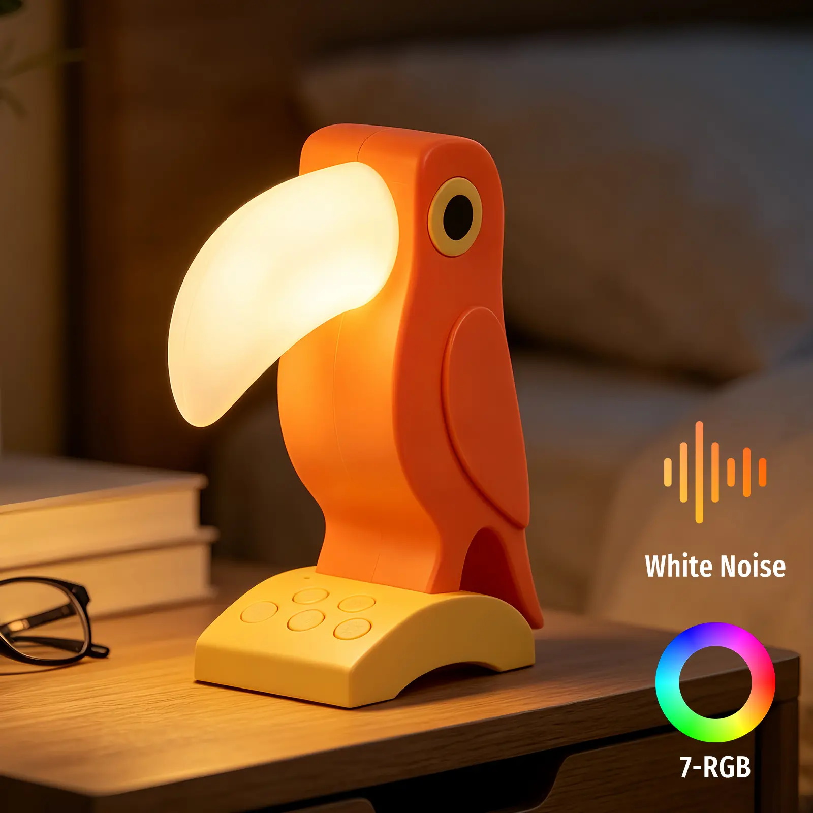 Rechargeable Toucan Night Light with White Noise, Bird Table Lamp with RGB Mood Lighting, 3-Level Dimmable Warm Light, USB Bedside Lamp for Bedroom, Desk, Shelf, Orange，bird night light,kids night lamp,kids sleep light, ambient light