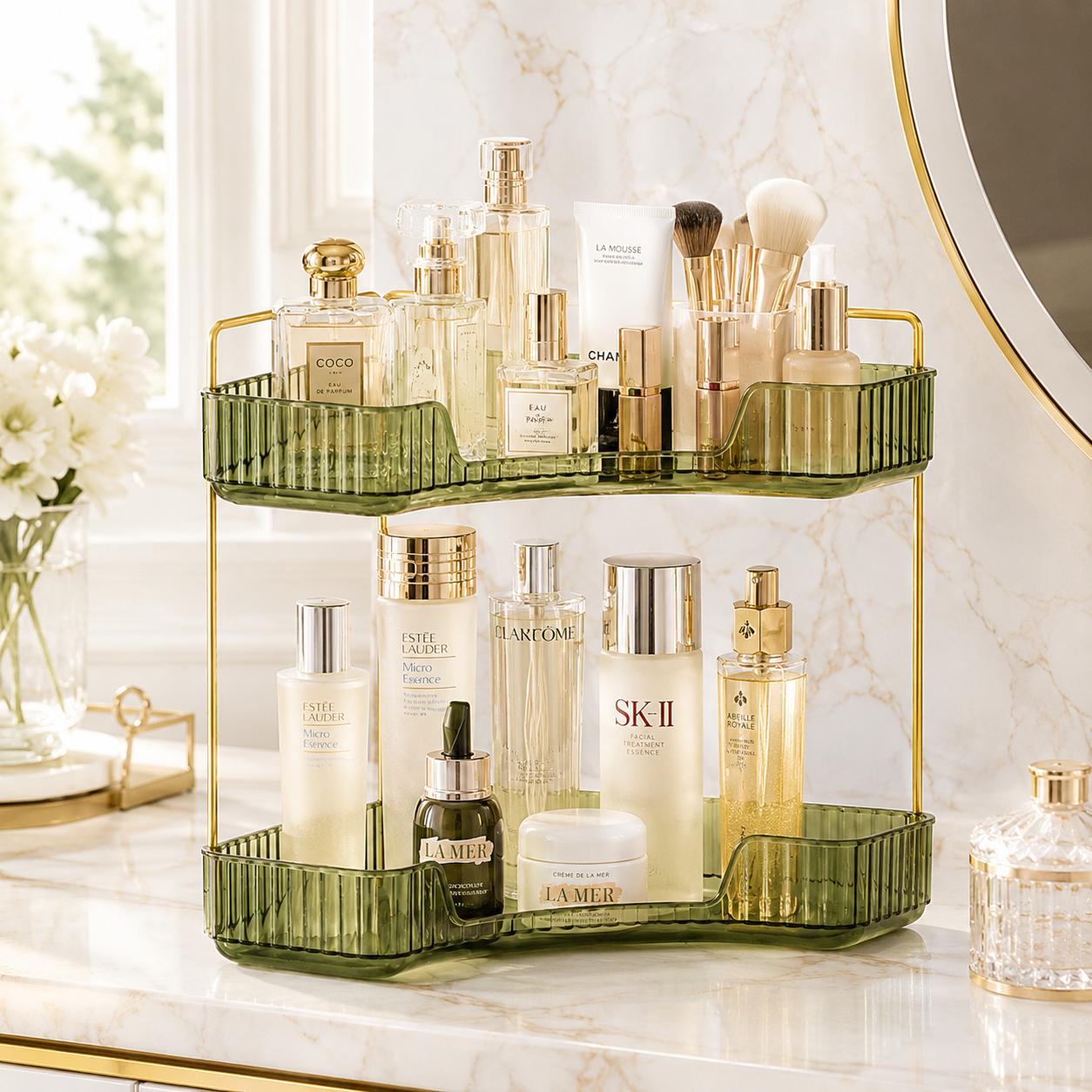 2 Tiers Corner Bathroom Counter Organizer,room decor,mClear Countertop Shelf Storage Rack,2-Tier Space-Saving Countertop Storage Rack for Vanity Makeup Perfume, Kitchen Dresser Organizer Corner