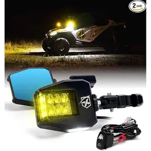 Xprite UTV Side Mirrors 2025 New Amber Light Aluminum w/Puddle Lights, Fits 1.75"-2 Inch Roll Cage Bar Compatible with Polaris RZR Pioneer, SXS, Can-Am X3, Kawasaki Teryx Mule, Yamaha Rhino Wolverine
