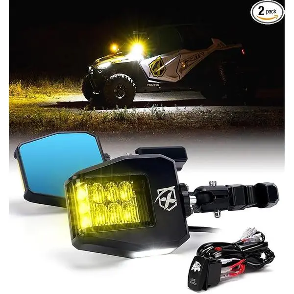 Xprite UTV Side Mirrors 2025 New Amber Light Aluminum w/Puddle Lights, Fits 1.75"-2 Inch Roll Cage Bar Compatible with Polaris RZR Pioneer, SXS, Can-Am X3, Kawasaki Teryx Mule, Yamaha Rhino Wolverine