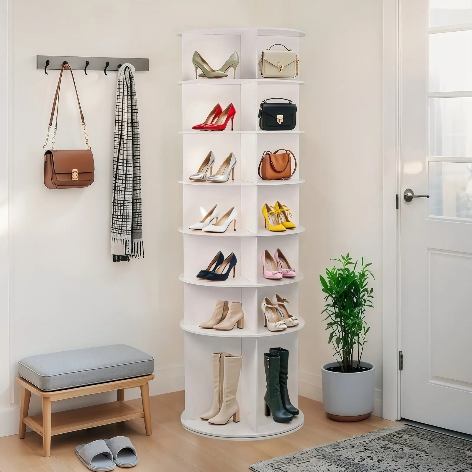7-Tier Rotating Shoe Cabinet Organizer, 360° Spinning Rack with Boot Position, High Bottom Design for 28 Pairs of Shoes, White Indoor Furniture Shelf