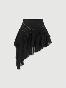 Women's Multi-Layer Ruffle Asymmetric Hem Skirt, Bohemian, Vacation, Holiday, Casual Black Goth
