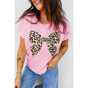 Pink Leopard Bow Embroidered Cotton Round Neck T Shirt