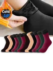 Women's Thick Fleece Lined Mid-Calf Socks, 4 Pairs Winter Warm Floor Snow Sports Outdoor Anti-Cold Socks, Fall & Winter Essentials, Soft Comfy Socks