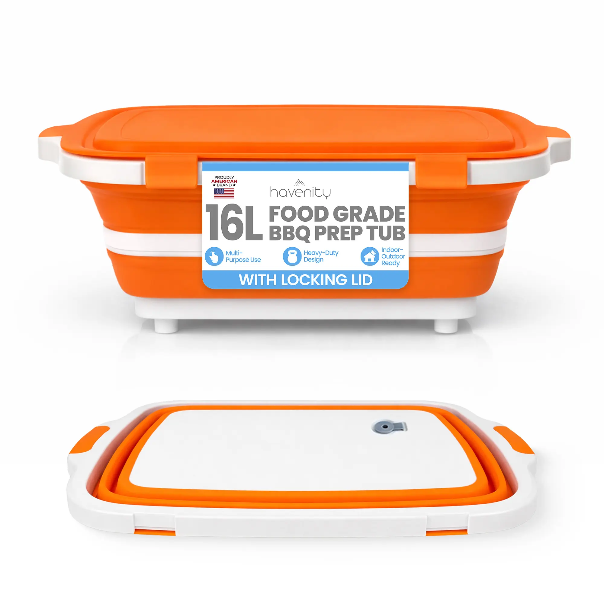 Havenity BBQ Prep Tub 16L Multifunctional Camping Cutting Board with Locking Lid Meat Prep Tub for Meal Prep Marinating Food Tailgate Container Collapsible Food Storage Containers XL - Kitchen  Ideal Gifts Boyfriend , Husband and Father BBQ Brisket summer