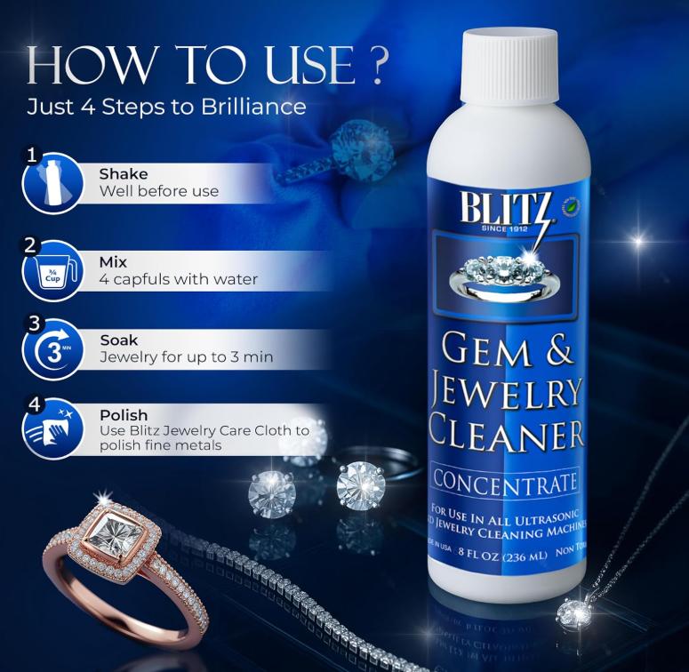 Blitz Gem & Jewelry Cleaner Liquid Concentrate for Gold, Silver, & Platinum Jewelry Cleans Non-Porous, Precious & Semi-Precious Stones. Non-Toxic, Non-Abrasive, & Planet Friendly Made in USA 8oz