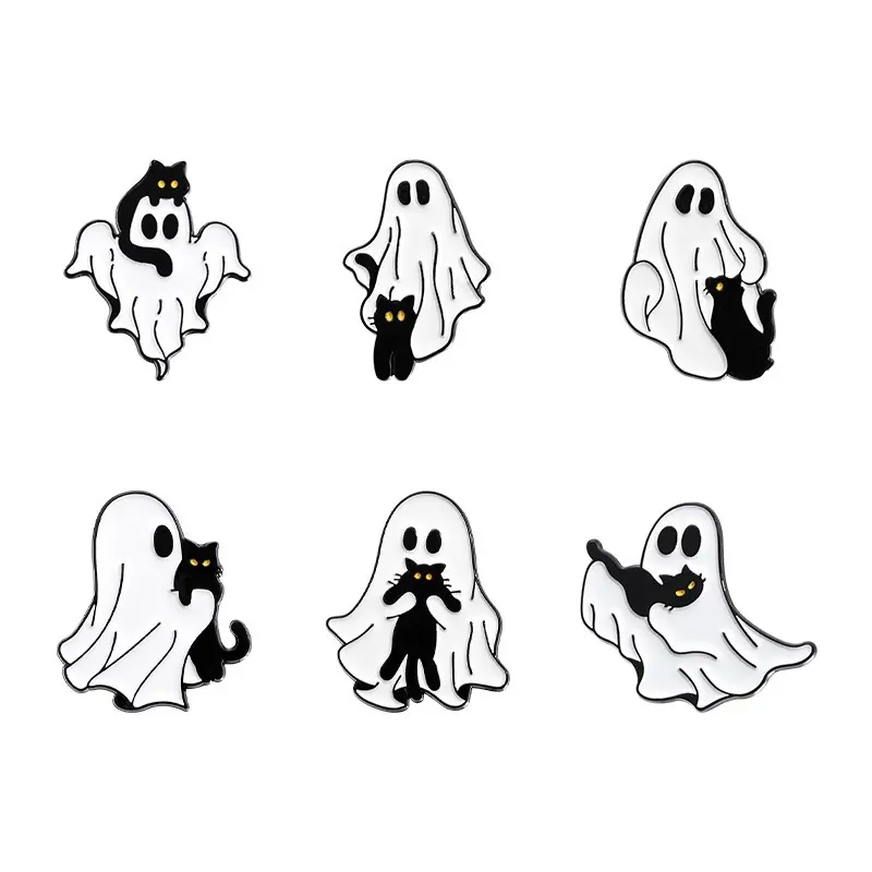 Cute Halloween Ghost & Cat Design Brooch, Alloy Pins Accessories for Daily Holiday Party Gift, Enamel Pin for Backpacks
