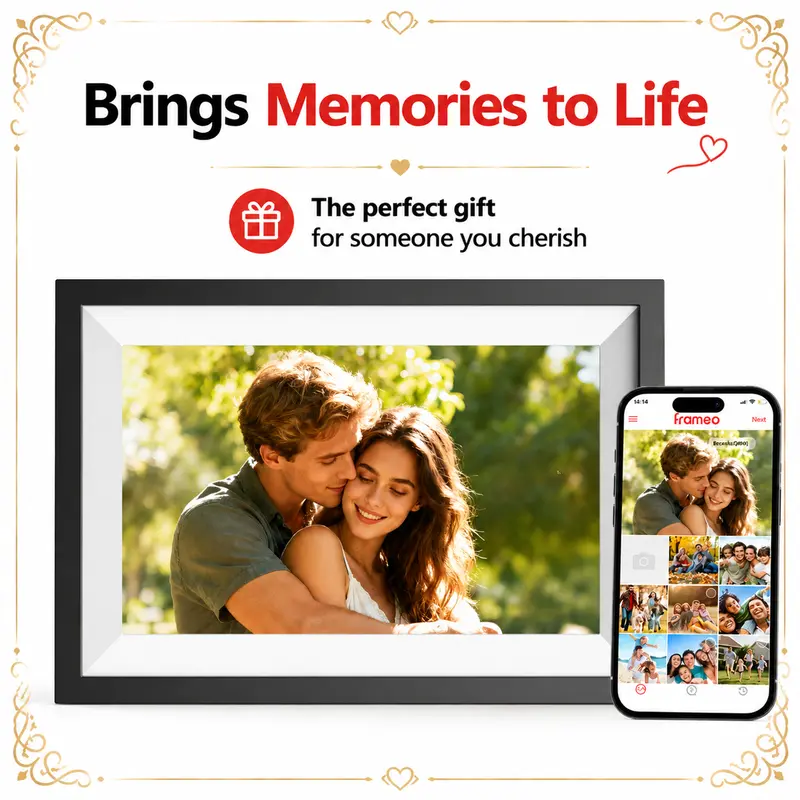 Digital Photo Frame,10.1 Inch Frameo Digital Picture Frame, 1280x800 IPS LCD HD Touch Screen,Auto-Rotate,16GB, Supports SD Cards,Share Photos and Videos,Easy Setup Over WIFI,Gift for Valentine's Day,Gift for Graduation&Birthday,Father's Day Gift