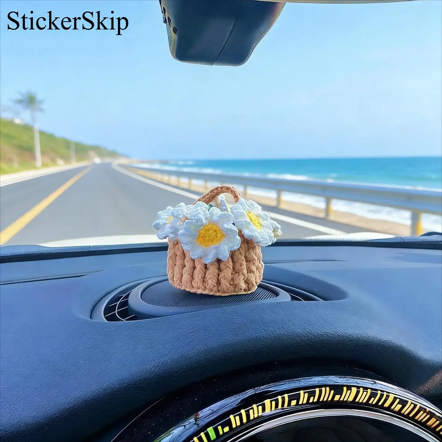 2026 New 1pc Handmade Cotton Crochet Daisy Bouquet with Basket, Artificial Knitted Fake Flower Decor, Cute Boho Style Ornament for Car Dashboard & Hanging, Indoor Outdoor Art Decor, Lightweight & Aesthetic Gift for Women & Home Styling
