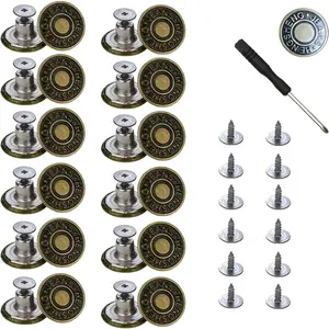 12 count Buttons for Sewing Metal Jeans, 20 mm No-Sew Nailess Removable Metal Jeans Buttons Replacement Repair Combo Thread Rivets and Screwdrivers.(Brozen with Letters 12 Sets)