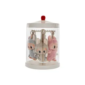 Labubu display box rotates and is transparently stackable. It features plush toy dolls, figurines, and a hanging ornament. It's a blind box display.