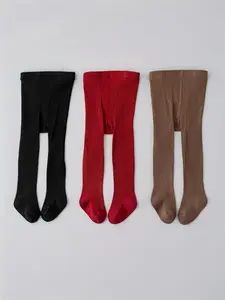 Girls' Plain Ribbed Leggings Socks Set, Soft Elastic Comfortable Daily Wear, Simple Versatile Style for Girls & Women, Tights Stretch Set