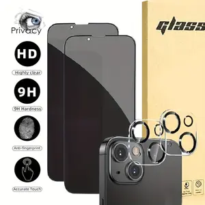 [2PCS+2PCS]For Smartphone Cellphone IPhone 16, 15, 14, 13, 12, 11 Privacy Screen Protector, With Camera Lens Protector, 9H Tempered Glass High-definition Scratch Resistant Tempered Glass Screen Camera Lens Protective Film Accessory Protection Black