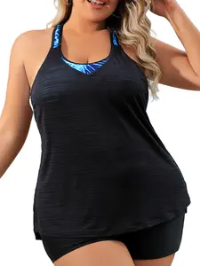 Angel Season Women’s Plus Size 2-in-1 Tankini Top - Layered Halter Tummy Control Swim Top  with Built-in Bra, Supportive Bathing Suit for Beach&Pool