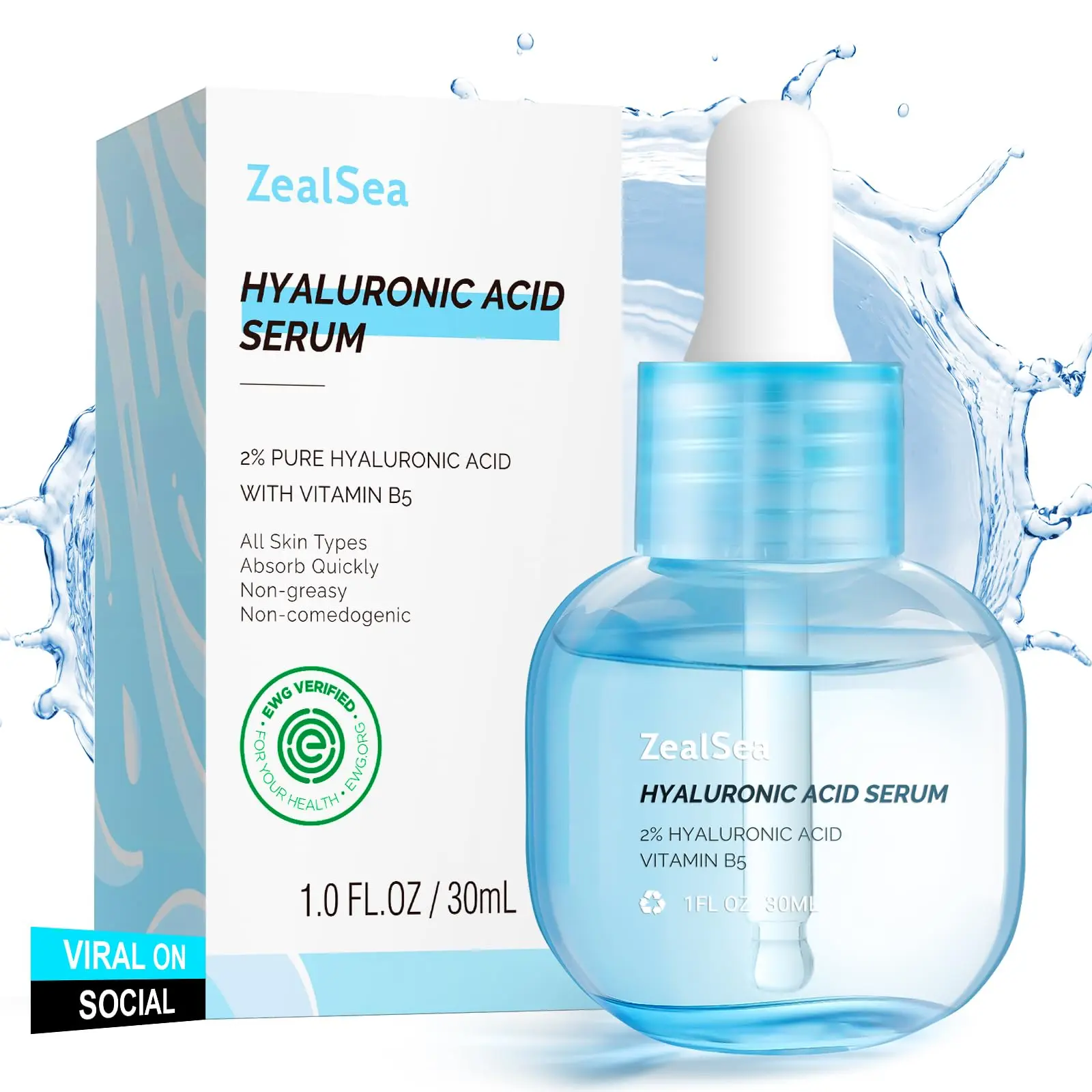 ZealSea EWG Hyaluronic Acid Face Serum, Daily Hydrating Microneedling Serum | Hypoallergenic Pure Hyaluronic Acid Plumps Fine Lines, Vegan, Fragrance Free, Non-Comedogenic, Sensitive Post-Procedure Skin