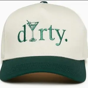 2-Tone Embroidered Cap - Dirty Green/Beige with Martini Design and Adjustable Fit
