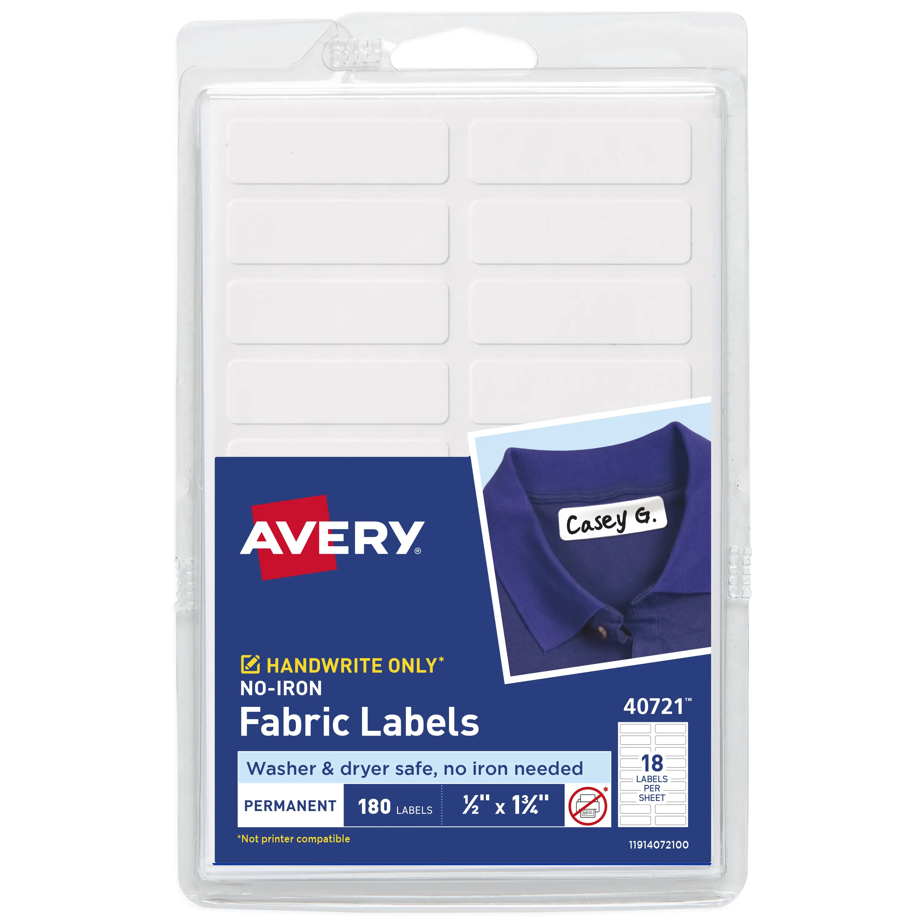 Avery No-Iron Fabric Labels, 1/2" x 1-3/4", Washer and Dryer-Safe Waterproof Labels, Non-Printable, 180 Blank Labels Total (40721)