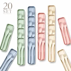20-Set Wheat Straw Travel Utensil Kit with Case - Reusable Portable Spoon Fork Knife Cutlery Set, Eco-Friendly Lightweight Camping Dining Flatware for Adults