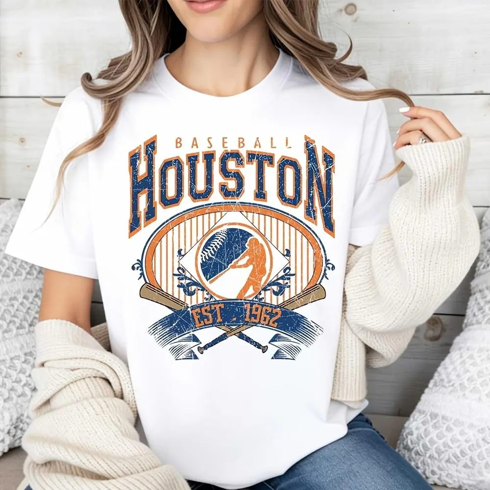 Baseball Houston Est 1962 Vintage Graphic Print, T-Shirt, Retro Sports Team Fan Apparel, Casual Daily Wear Summer Outfit