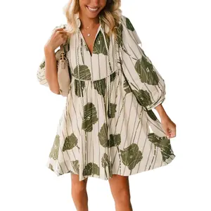 Women's Guacamole Green Floral Striped Puff Sleeve Dress with Contrast Piping
