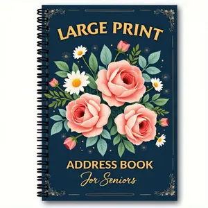 Large Print Address Book for Seniors, Office Stationery Supplies - Spiral-Bound, Dark Blue Cover with Golden-Yellow Text, Decorated with Pink Roses, Golden-Brown Floral Corners, Easy-to-Read Large Font