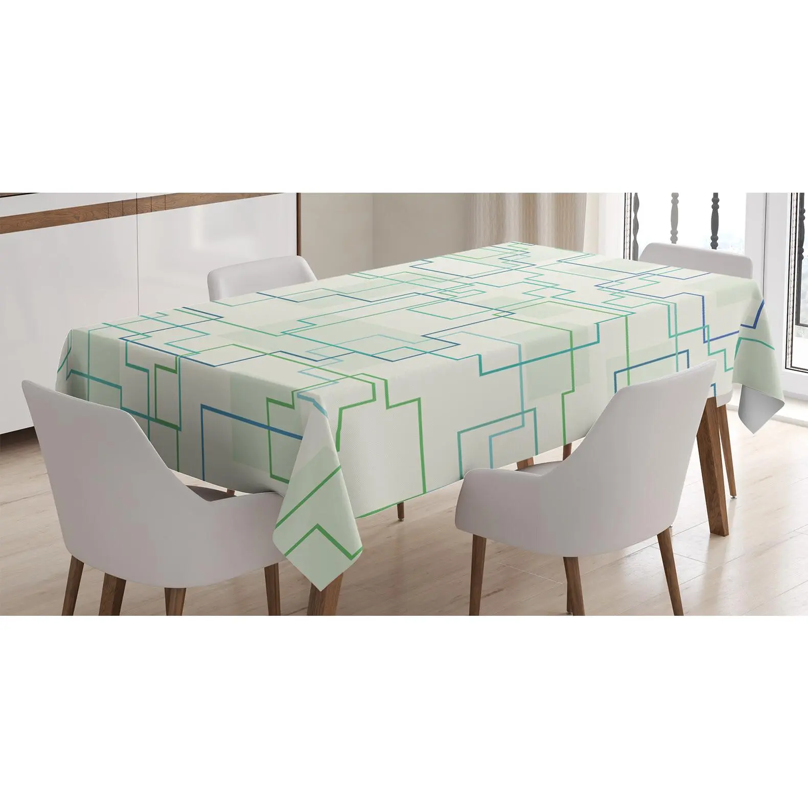 Geometric Tablecloth, Futuristic Design Like a Subway Line with All Routes in Town Pattern, Rectangular Table Cover for Dining Room Kitchen Decor, 52" X 70", Mint Green Royal Blue
