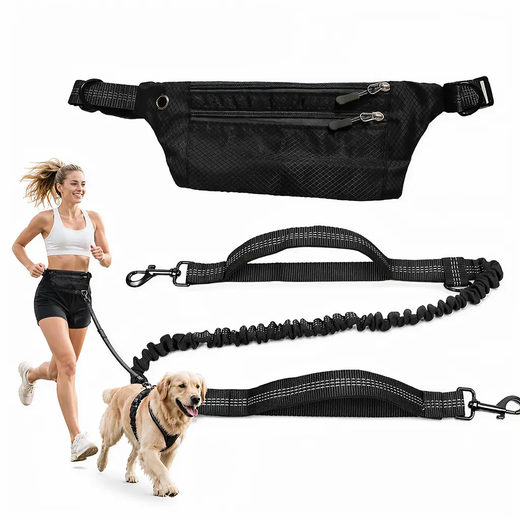 Hands-Free Reflective Dog Leash with Zipper Pouch Upgraded Foam-Padded Dual Handles Retractable Bungee for Walking Jogging Running 119-172 cm Length Adjustable Durable Design Leash with Pockets No-Pull Training Dog Gift
